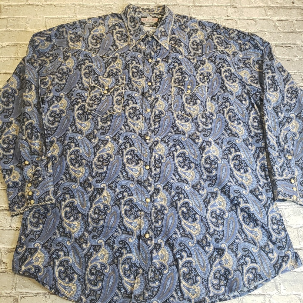 Panhandle Slim Brooks & Dunn Blue Black Paisley Western Shirt Pearl Snaps XXL